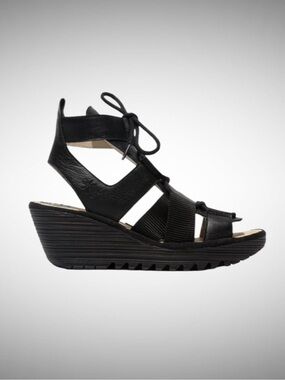 Fly London Black Lace-Up Wedge Sandal
